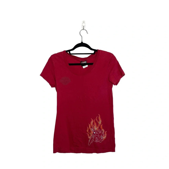 Harley Davidson 100% Cotton Red Rhinestone Flame Graphic Tee Medium Women’s - Picture 1 of 11